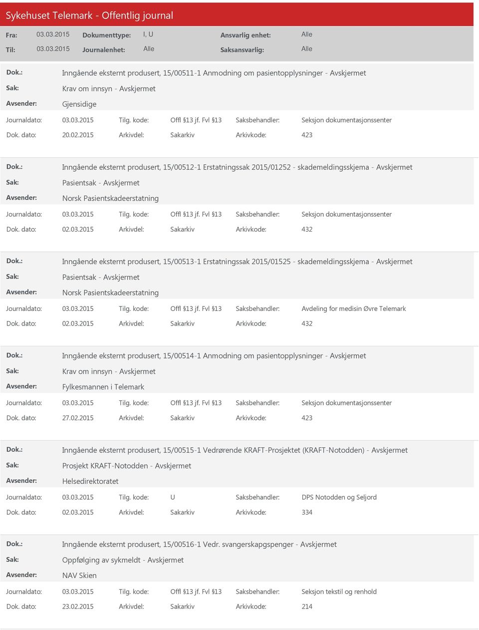 2015 Arkivdel: Sakarkiv Arkivkode: 432 Inngående eksternt produsert, 15/00513-1 Erstatningssak 2015/01525 - skademeldingsskjema - Avskjermet Pasientsak - Avskjermet Norsk Pasientskadeerstatning