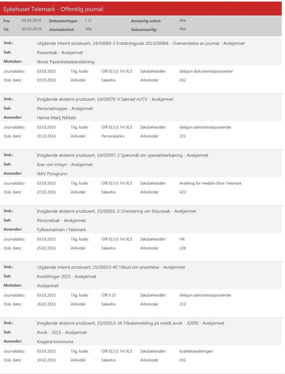 2014 Arkivdel: Personalarkiv Arkivkode: 221 Inngående eksternt produsert, 14/03097-2 Spørsmål om spesialisterkæring - Avskjermet NAV Porsgrunn Avdeling for medisin Øvre Telemark Inngående eksternt