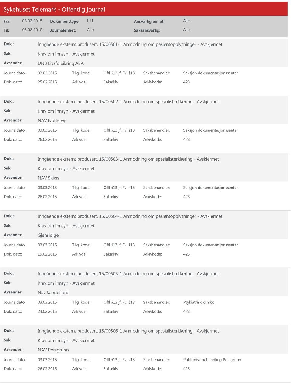 dato: 26.02.2015 Arkivdel: Sakarkiv Inngående eksternt produsert, 15/00504-1 Anmodning om pasientopplysninger - Avskjermet Gjensidige Dok. dato: 19.02.2015 Arkivdel: Sakarkiv Inngående eksternt produsert, 15/00505-1 Anmodning om spesialisterklæring - Avskjermet Nav Sandefjord Psykiatrisk klinikk Dok.