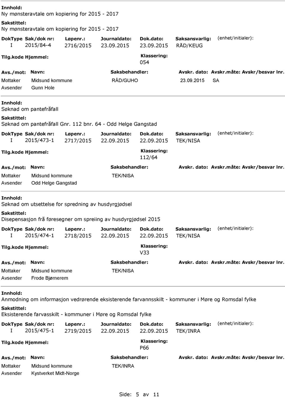 Disepensasjon frå føresegner om spreiing av husdyrgjødsel 2015 2015/474-1 2718/2015 TEK/NSA V33 Frode Bjørnerem TEK/NSA nnhold: Anmodning om informasjon