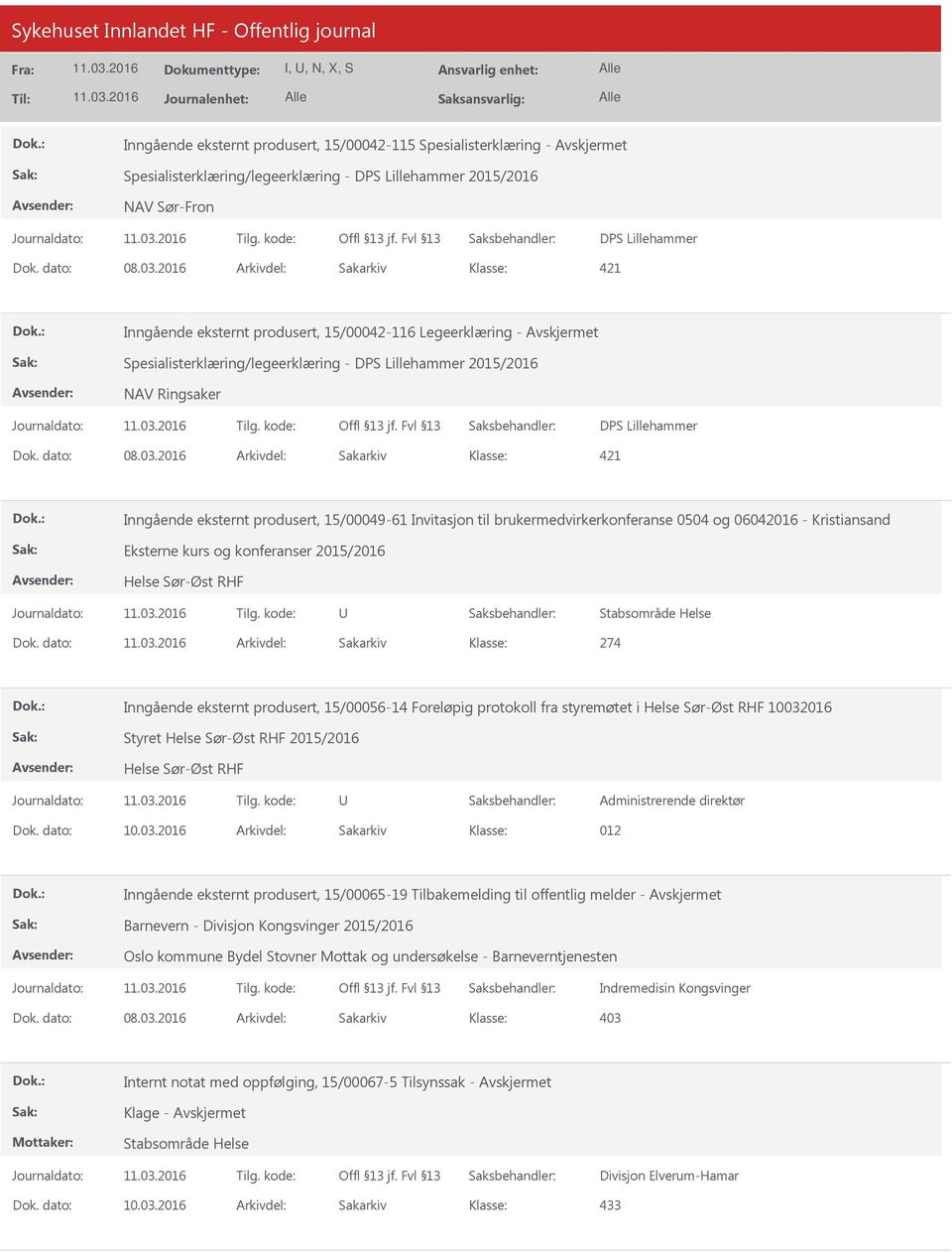 2016 Arkivdel: Sakarkiv 421 Inngående eksternt produsert, 15/00049-61 Invitasjon til brukermedvirkerkonferanse 0504 og 06042016 - Kristiansand Eksterne kurs og konferanser 2015/2016 Helse Sør-Øst RHF