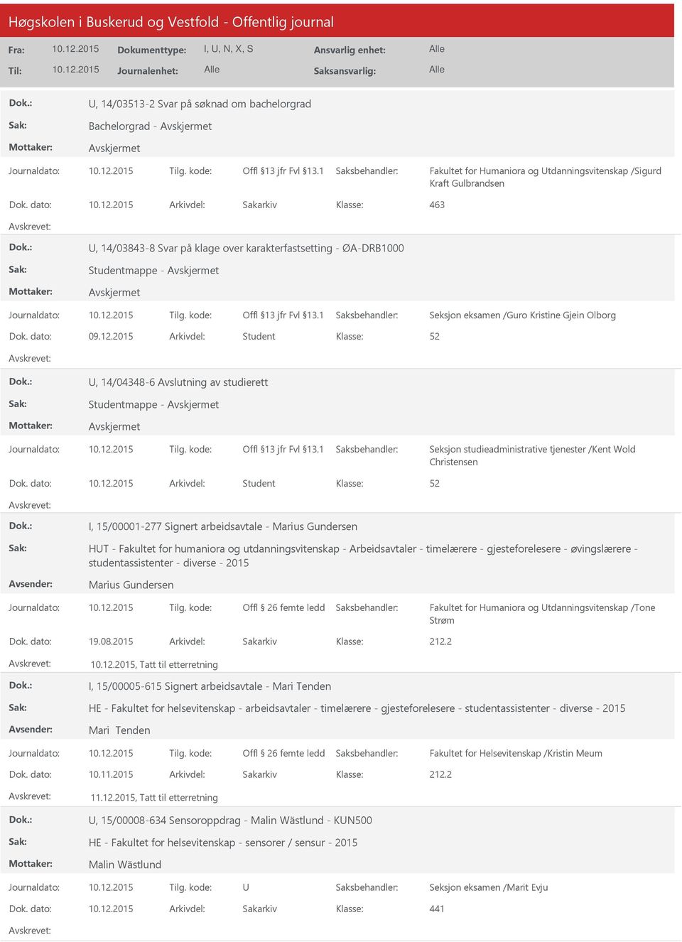 2015 Arkivdel: Student, 14/04348-6 Avslutning av studierett Seksjon studieadministrative tjenester /Kent Wold Christensen Dok.