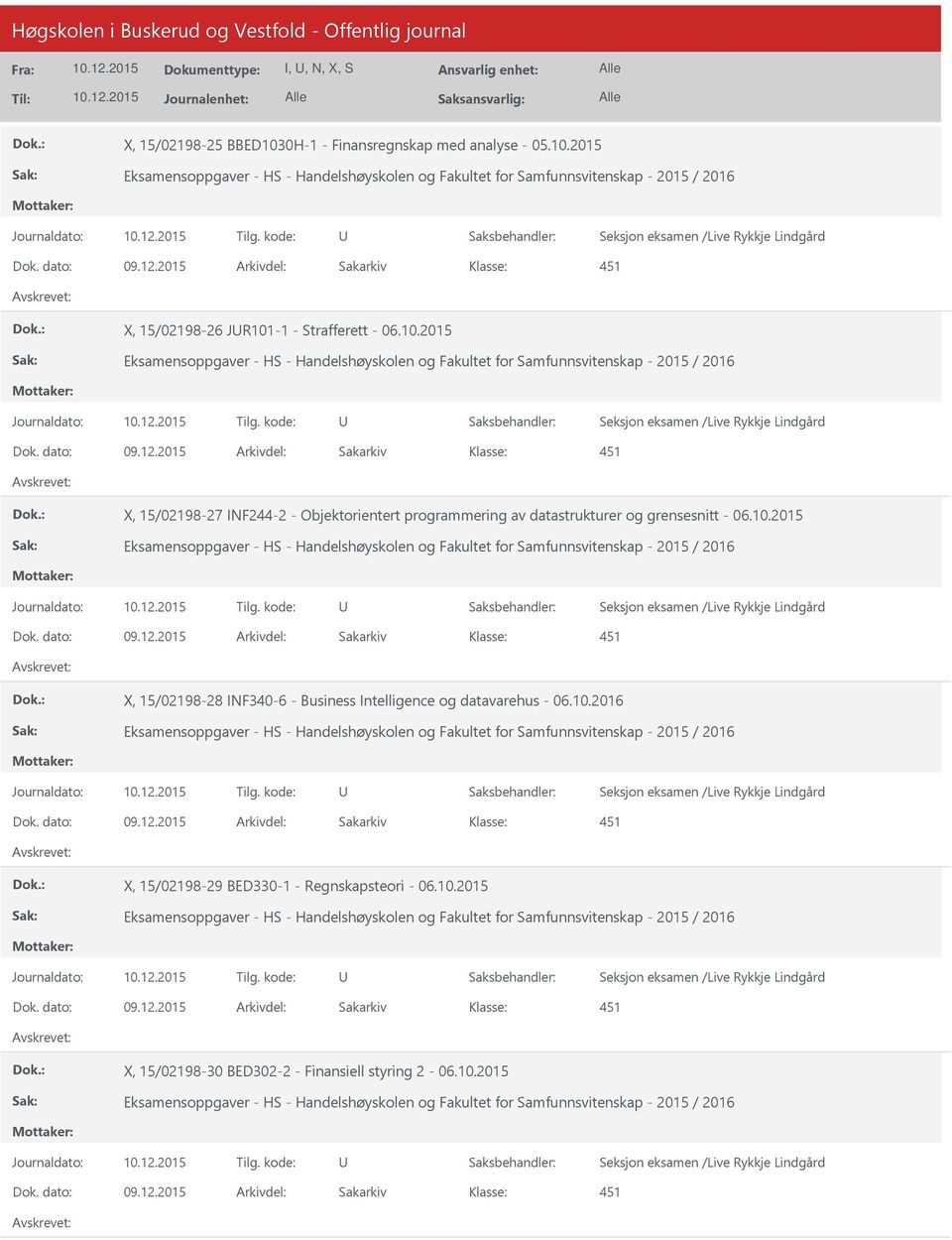 10.2016 X, 15/02198-29 BED330-1 - Regnskapsteori - 06.10.2015 X, 15/02198-30 BED302-2 - Finansiell styring 2-06.