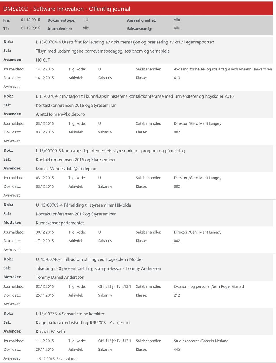 2015 Arkivdel: Sakarkiv 413 I, 15/00709-2 Invitasjon til kunnskapsministerens kontaktkonferanse med universiteter og høyskoler 2016 Kontaktkonferansen 2016 og Styreseminar Anett.Holmen@kd.dep.