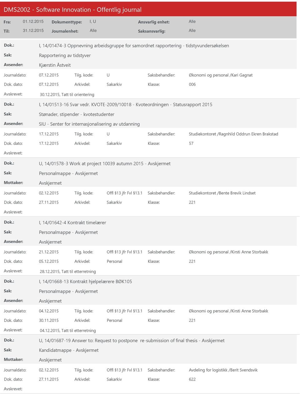 KVOTE-2009/10018 - Kvoteordningen - Statusrapport 2015 Stønader, stipender - kvotestudenter SI - Senter for internasjonalisering av utdanning Journaldato: 17.12.2015 Tilg.