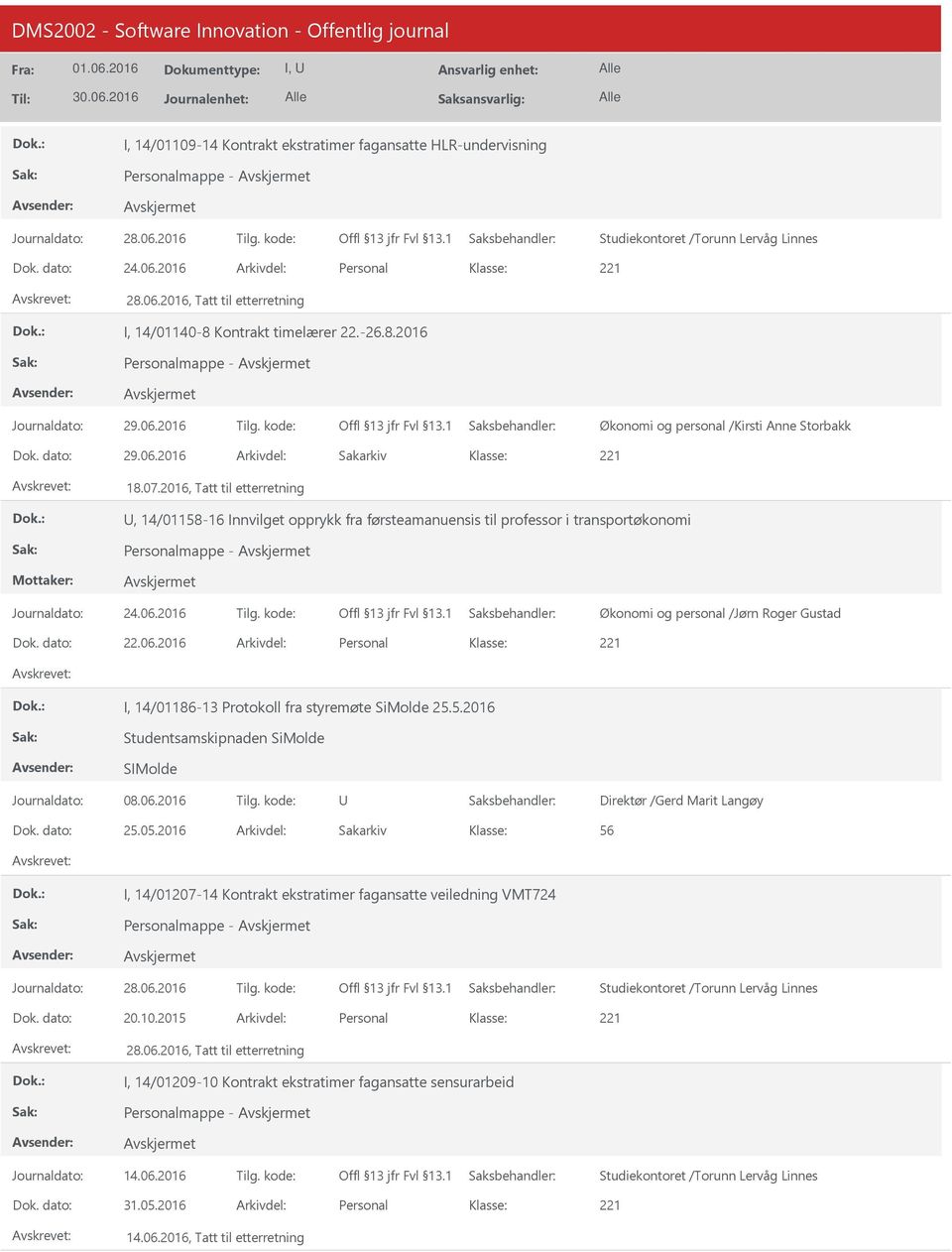 2016, Tatt til etterretning, 14/01158-16 Innvilget opprykk fra førsteamanuensis til professor i transportøkonomi Personalmappe - Journaldato: 24.06.2016 Tilg.