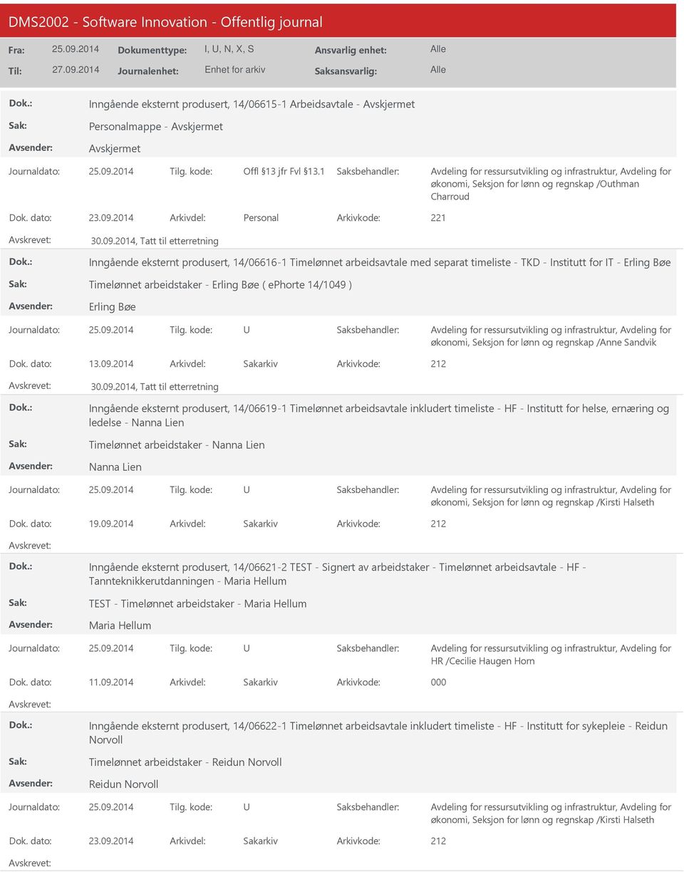 2014, Tatt til etterretning Inngående eksternt produsert, 14/06616-1 Timelønnet arbeidsavtale med separat timeliste - TKD - Institutt for IT - Erling Bøe Timelønnet arbeidstaker - Erling Bøe (