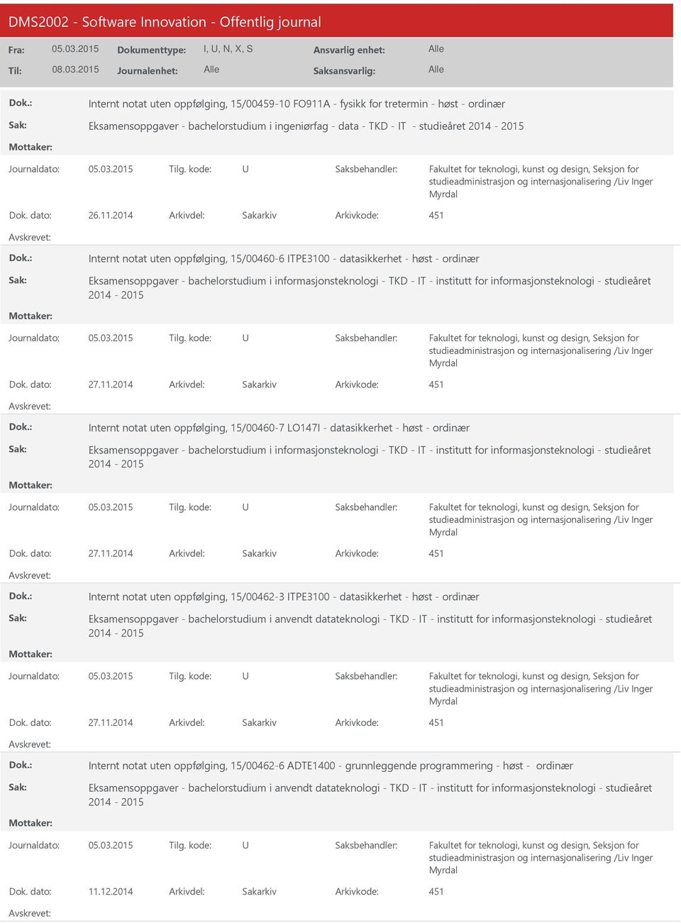 2014 451 Internt notat uten oppfølging, 15/00460-6 ITPE3100 - datasikkerhet - høst - ordinær Eksamensoppgaver - bachelorstudium i informasjonsteknologi - TKD - IT - institutt for