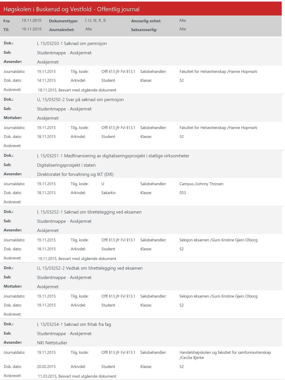 2015, Besvart med utgående dokument, 15/03250-2 Svar på søknad om permisjon Studentmappe - Fakultet for Helsevitenskap /Hanne Hopmark I, 15/03251-1 Medfinansiering av digitaliseringsprosjekt i