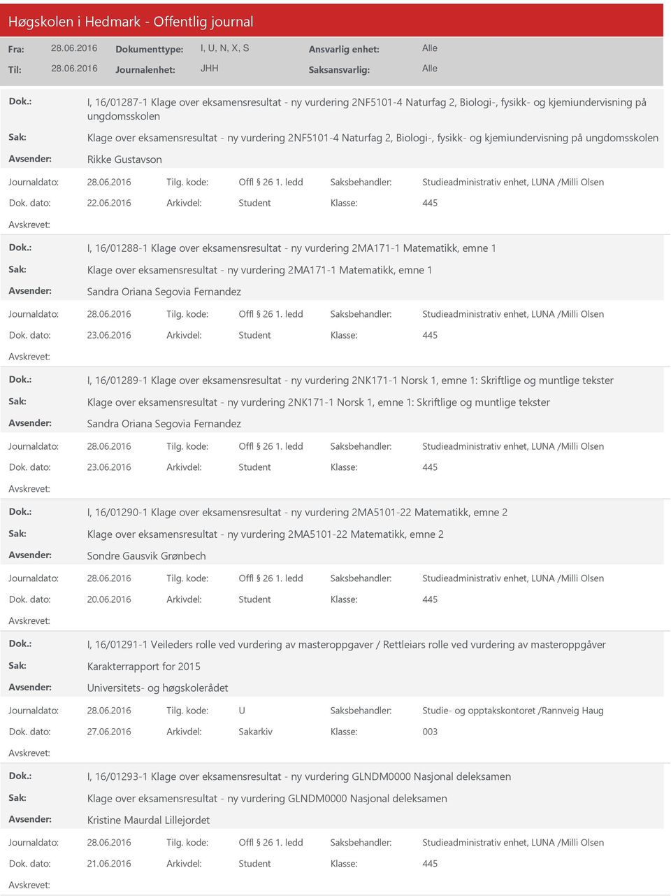 2016 Arkivdel: Student I, 16/01288-1 Klage over eksamensresultat - ny vurdering 2MA171-1 Matematikk, emne 1 Klage over eksamensresultat - ny vurdering 2MA171-1 Matematikk, emne 1 Sandra Oriana