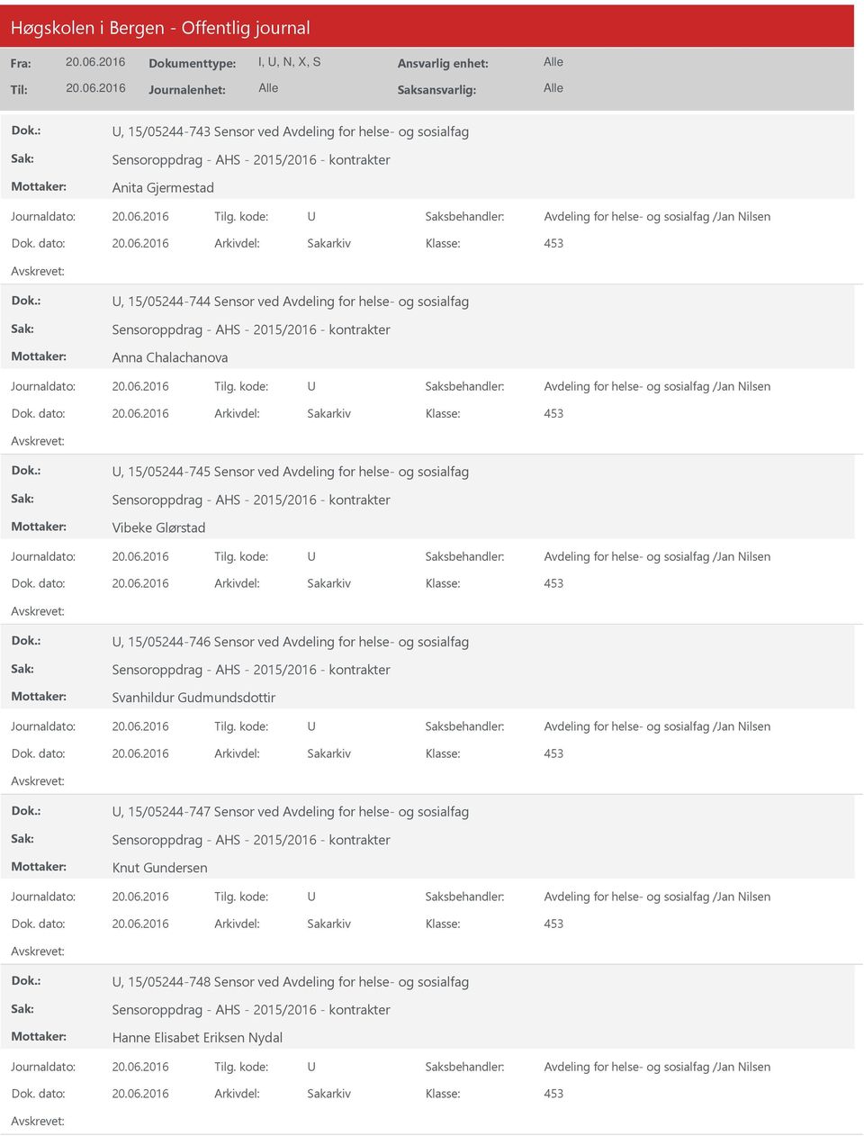 dato: Arkivdel: Sakarkiv 453, 15/05244-745 Sensor ved Avdeling for helse- og sosialfag Sensoroppdrag - AHS - 2015/2016 - kontrakter Vibeke Glørstad Avdeling for helse- og sosialfag /Jan Nilsen Dok.