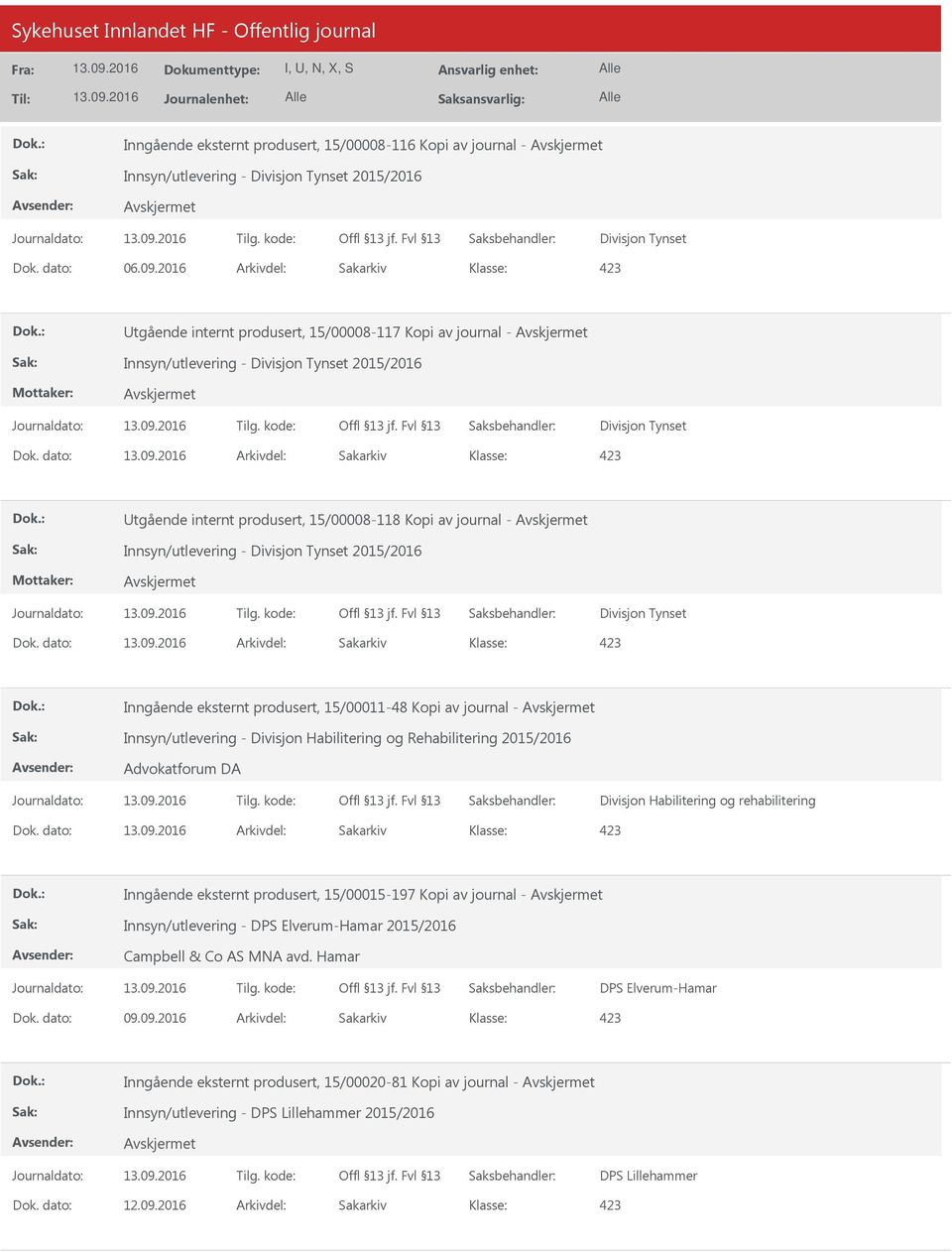 dato: Arkivdel: Sakarkiv 423 tgående internt produsert, 15/00008-118 Kopi av journal - Innsyn/utlevering - Divisjon Tynset 2015/2016 Divisjon Tynset Dok.