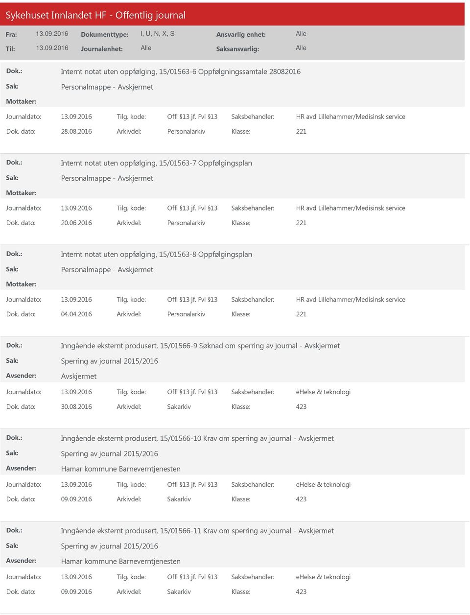 2016 Arkivdel: Personalarkiv Internt notat uten oppfølging, 15/01563-7 Oppfølgingsplan Personalmappe - HR avd Lillehammer/Medisinsk service Dok. dato: 20.06.