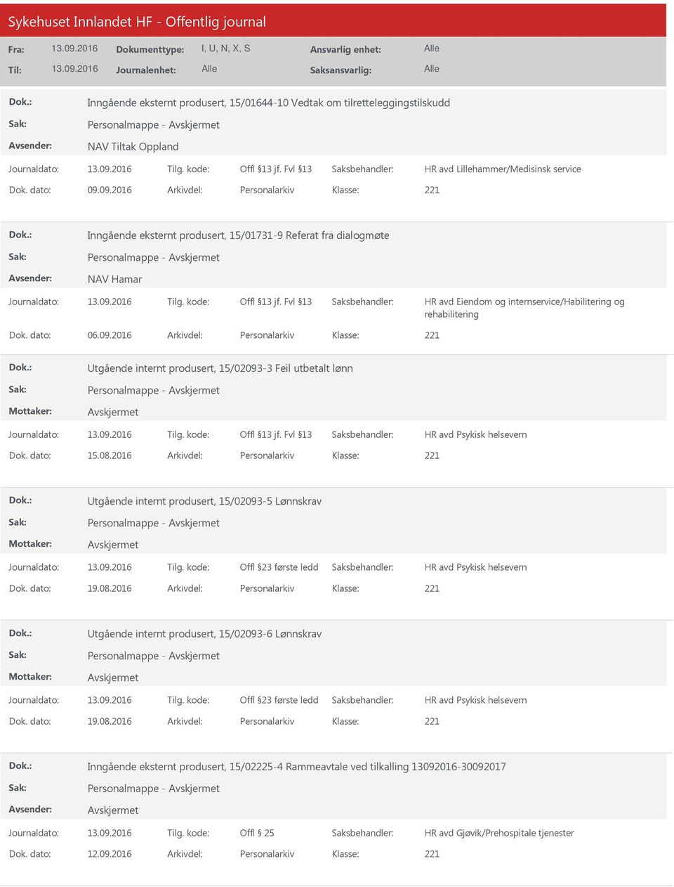 09.2016 Arkivdel: Personalarkiv tgående internt produsert, 15/02093-3 Feil utbetalt lønn Personalmappe - Dok. dato: 15.08.