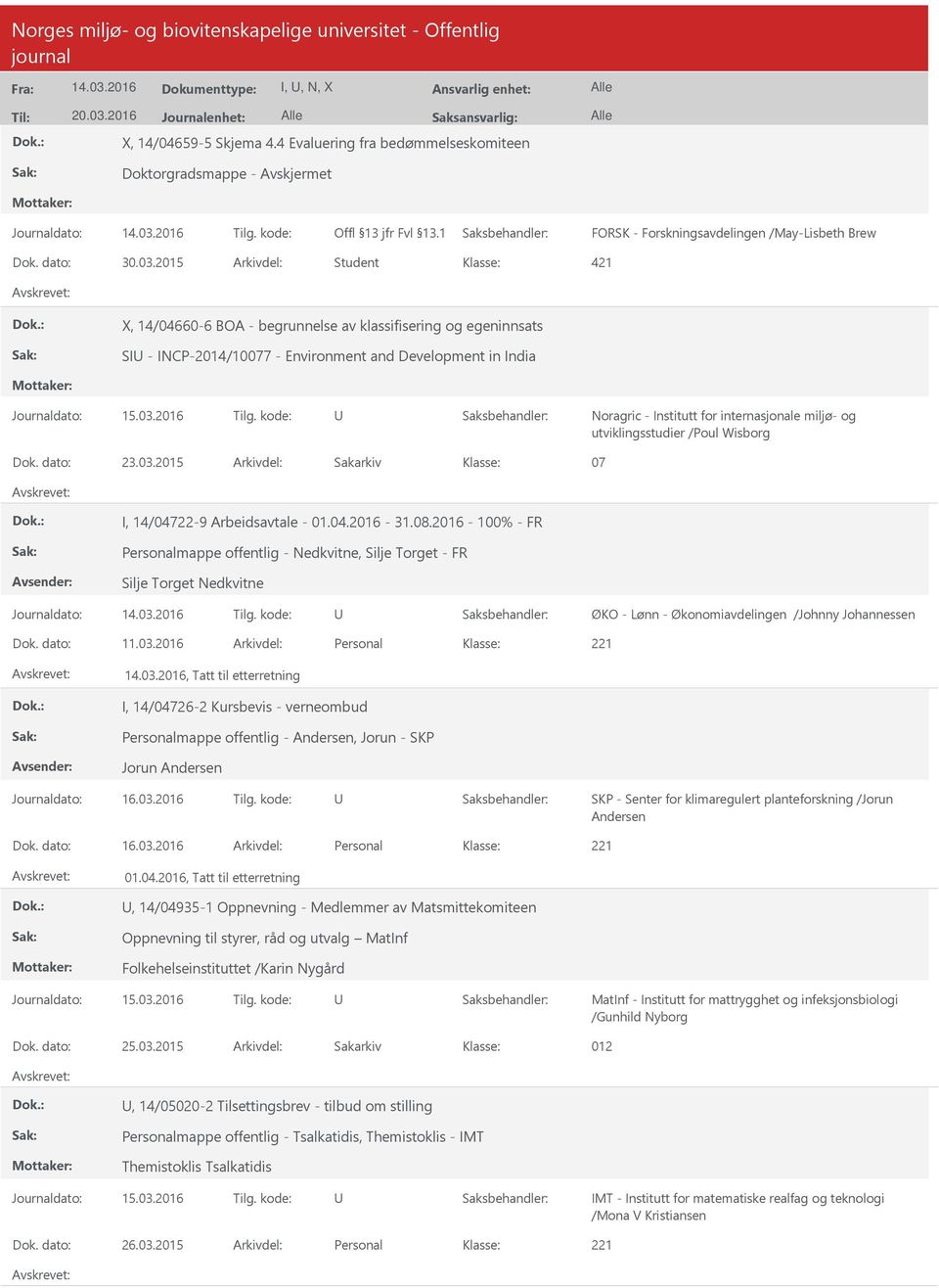 2015 Arkivdel: Student 421 X, 14/04660-6 BOA - begrunnelse av klassifisering og egeninnsats SI - INCP-2014/10077 - Environment and Development in India Noragric - Institutt for internasjonale miljø-