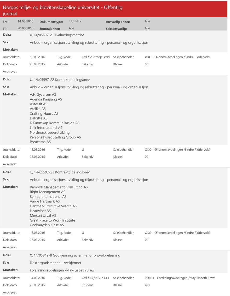 dato: 26.03.2015 Arkivdel: Sakarkiv 00, 14/05597-22 Kontrakttildelingsbrev Anbud organisasjonsutvikling og rekruttering - personal- og organisasjon A.H.