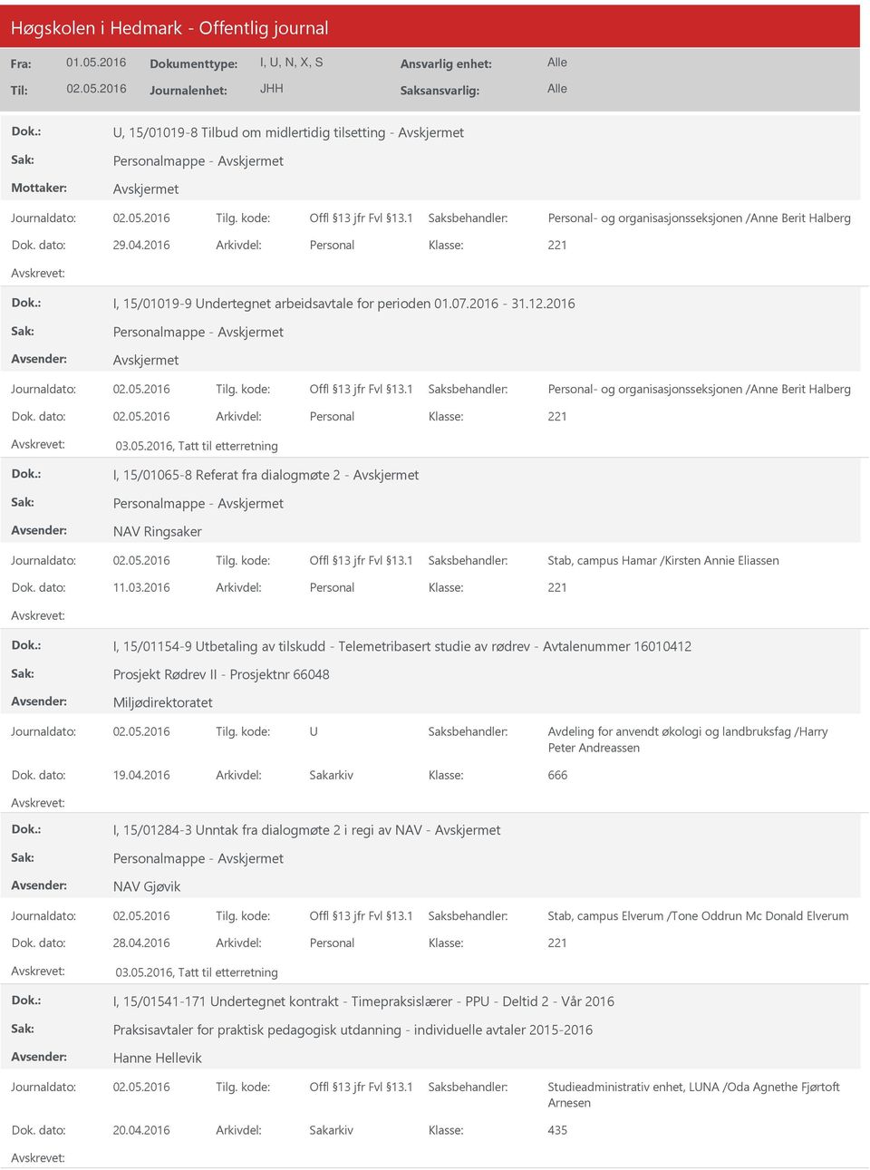 2016 Arkivdel: Personal I, 15/01154-9 tbetaling av tilskudd - Telemetribasert studie av rødrev - Avtalenummer 16010412 Prosjekt Rødrev II - Prosjektnr 66048 Miljødirektoratet Avdeling for anvendt