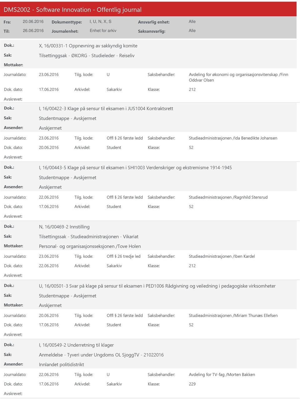 dato: Arkivdel: Student I, 16/00443-5 Klage på sensur til eksamen i SHI1003 Verdenskriger og ekstremisme 1914-1945 Studieadministrasjonen /Ragnhild Stensrud Dok. dato: 17.06.