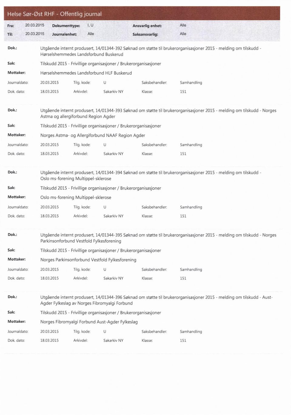 : Utgående internt produsert, 14/01344-393 Søknad om støtte til brukerorganisasjoner 2015 - melding om tilskudd - Norges Astma og allergiforbund Region Agder Mottaker: Norges Astma- og Allergiforbund