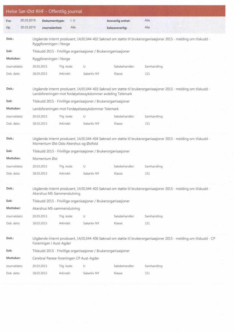 : Utgående internt produsert, 14/01344-403 Søknad om støtte til brukerorganisasjoner 2015 - melding om tilskudd - Landsforeningen mot fordøyelsessykdommer avdeling Telemark Mottaker: Landsforeningen