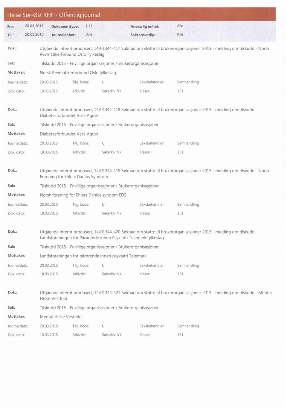 : Utgående internt produsert, 14/01344-418 Søknad om støtte til brukerorganisasjoner 2015 - melding om tilskudd - Diabetesforbundet Vest-Agder Mottaker: Diabetesforbundet Vest-Agder Dok.