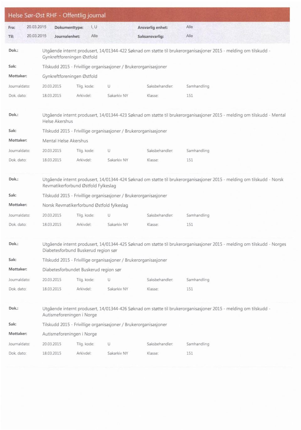 : Utgående internt produsert, 14/01344-424 Søknad om støtte til brukerorganisasjoner 2015 - melding om tilskudd - Norsk Revmatikerforbund Østfold Fylkeslag Mottaker: Norsk Revmatikerforbund Østfold