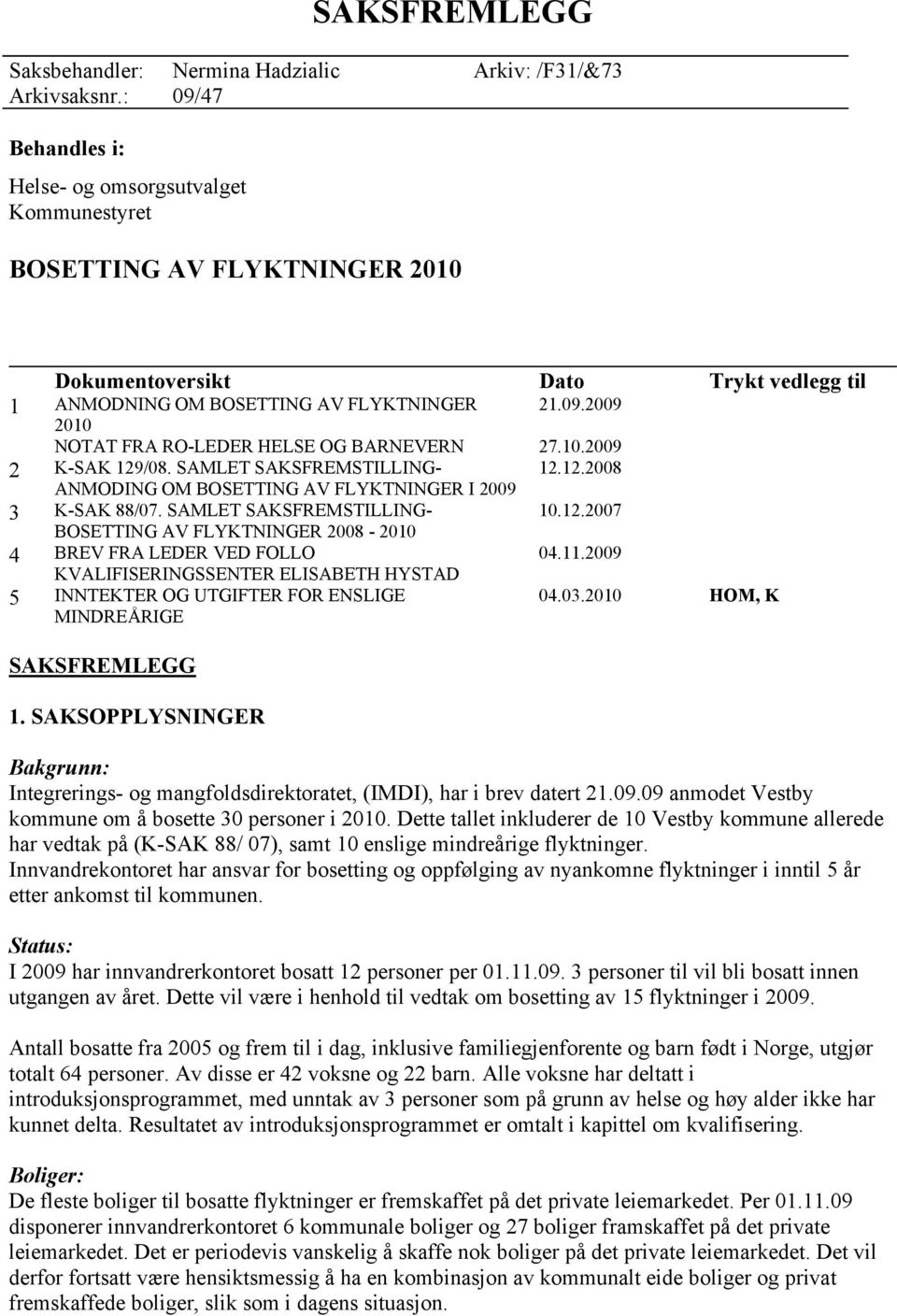 11.2009 KVALIFISERINGSSENTER ELISABETH HYSTAD 5 INNTEKTER OG UTGIFTER FOR ENSLIGE MINDREÅRIGE 04.03.2010 HOM, K SAKSFREMLEGG 1.