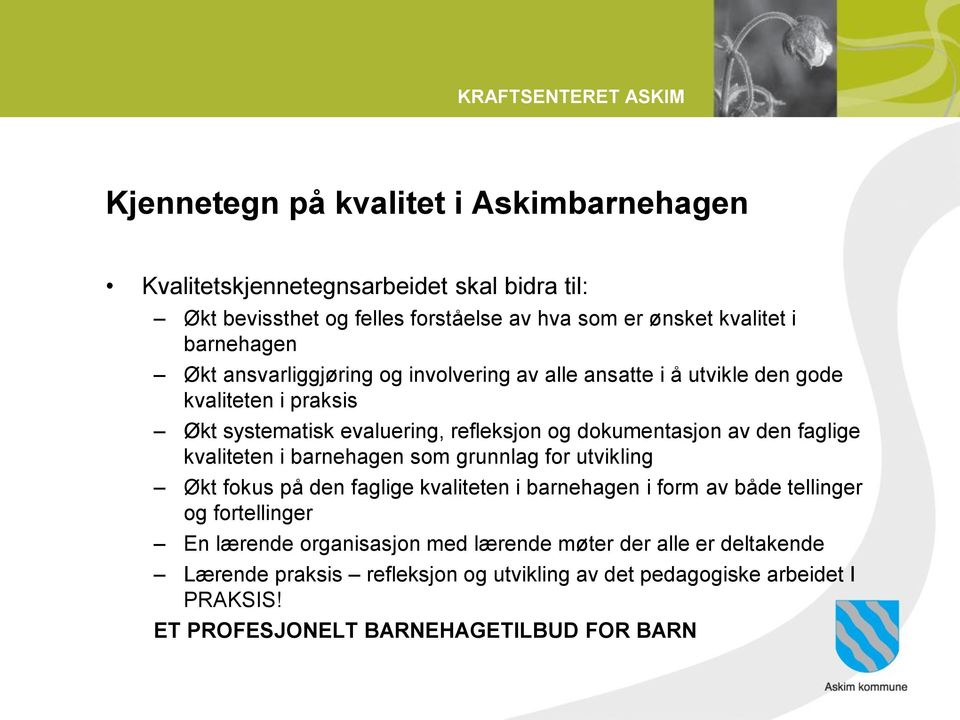 den faglige kvaliteten i barnehagen som grunnlag for utvikling Økt fokus på den faglige kvaliteten i barnehagen i form av både tellinger og fortellinger En lærende