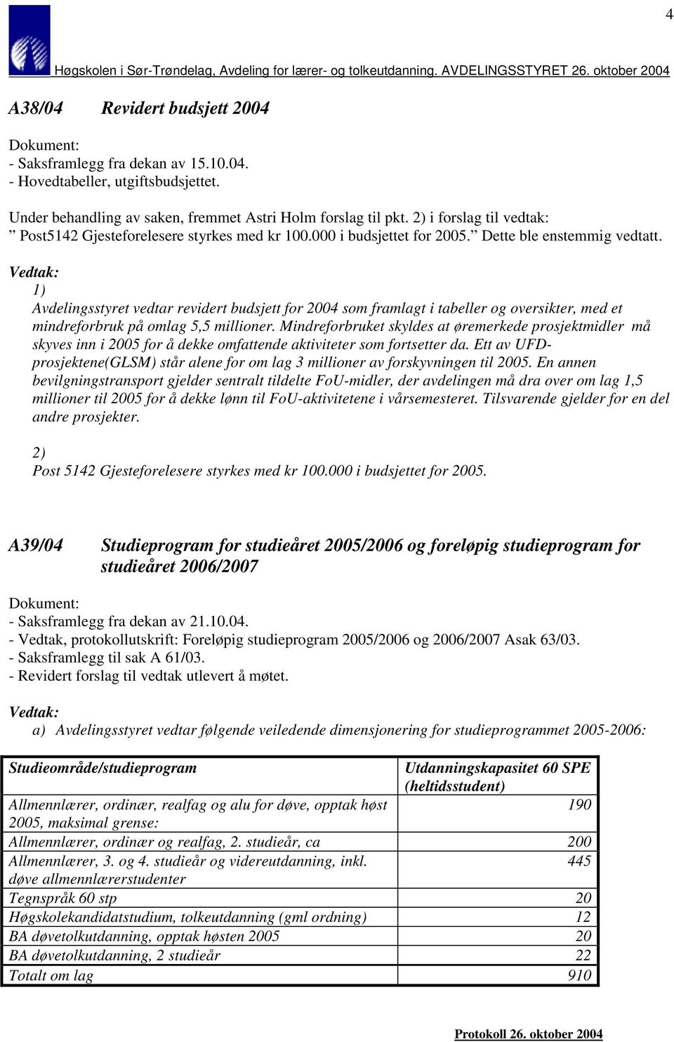 1) Avdelingsstyret vedtar revidert budsjett for 2004 som framlagt i tabeller og oversikter, med et mindreforbruk på omlag 5,5 millioner.