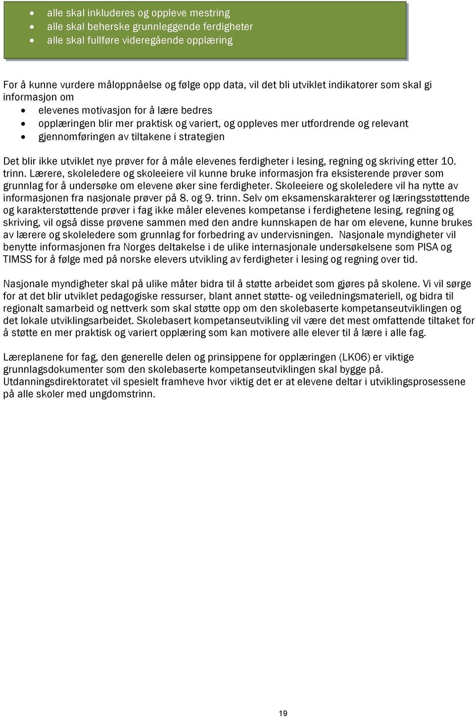 strategien Det blir ikke utviklet nye prøver for å måle elevenes ferdigheter i lesing, regning og skriving etter 10. trinn.