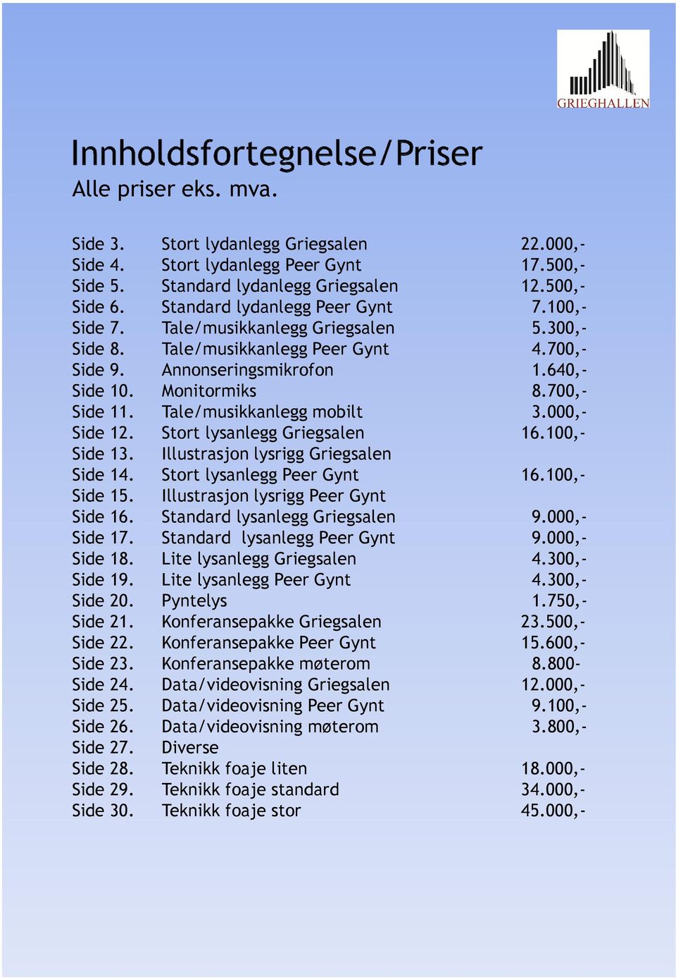 000,- Side 12. Stort lysanlegg Griegsalen 16.100,- Side 13. Illustrasjon lysrigg Griegsalen Side 14. Stort lysanlegg Peer Gynt 16.100,- Side 15. Illustrasjon lysrigg Peer Gynt Side 16.