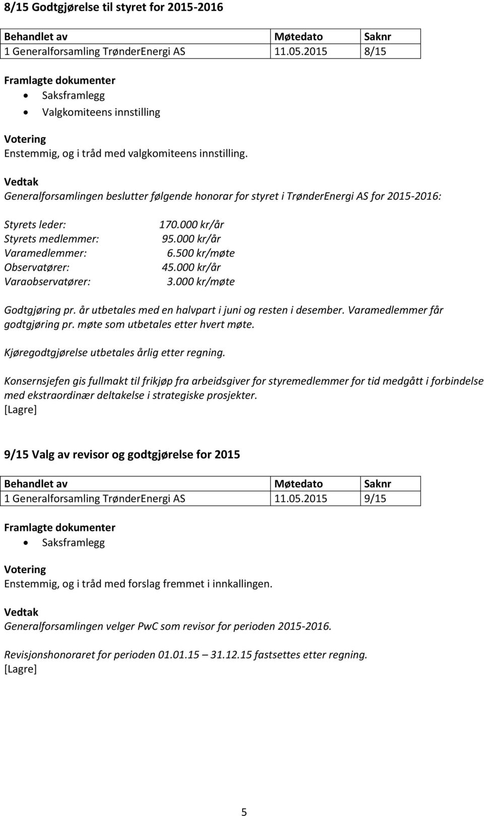 000 kr/år 6.500 kr/møte 45.000 kr/år 3.000 kr/møte Godtgjøring pr. år utbetales med en halvpart i juni og resten i desember. Varamedlemmer får godtgjøring pr. møte som utbetales etter hvert møte.