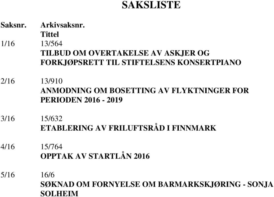 KONSERTPIANO 2/16 13/910 ANMODNING OM BOSETTING AV FLYKTNINGER FOR PERIODEN 2016-2019