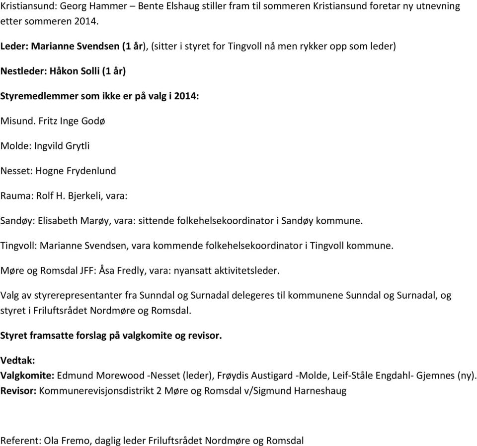 Fritz Inge Godø Molde: Ingvild Grytli Nesset: Hogne Frydenlund Rauma: Rolf H. Bjerkeli, vara: Sandøy: Elisabeth Marøy, vara: sittende folkehelsekoordinator i Sandøy kommune.