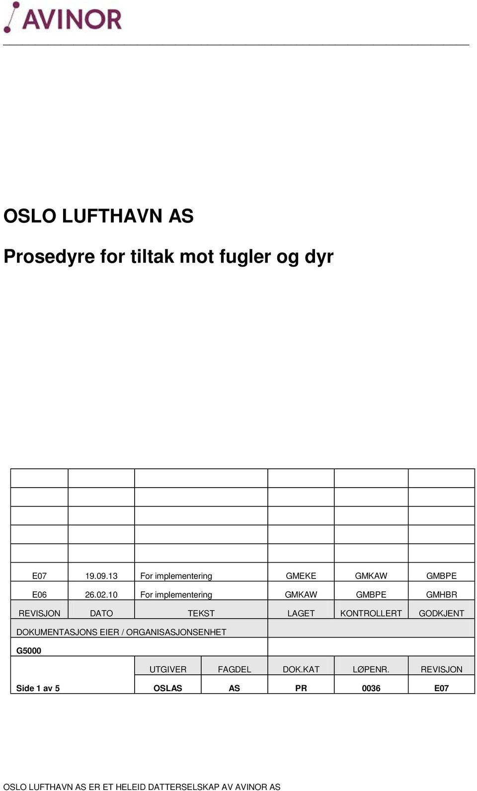 KONTROLLERT GODKJENT DOKUMENTASJONS EIER / ORGANISASJONSENHET G5000 UTGIVER