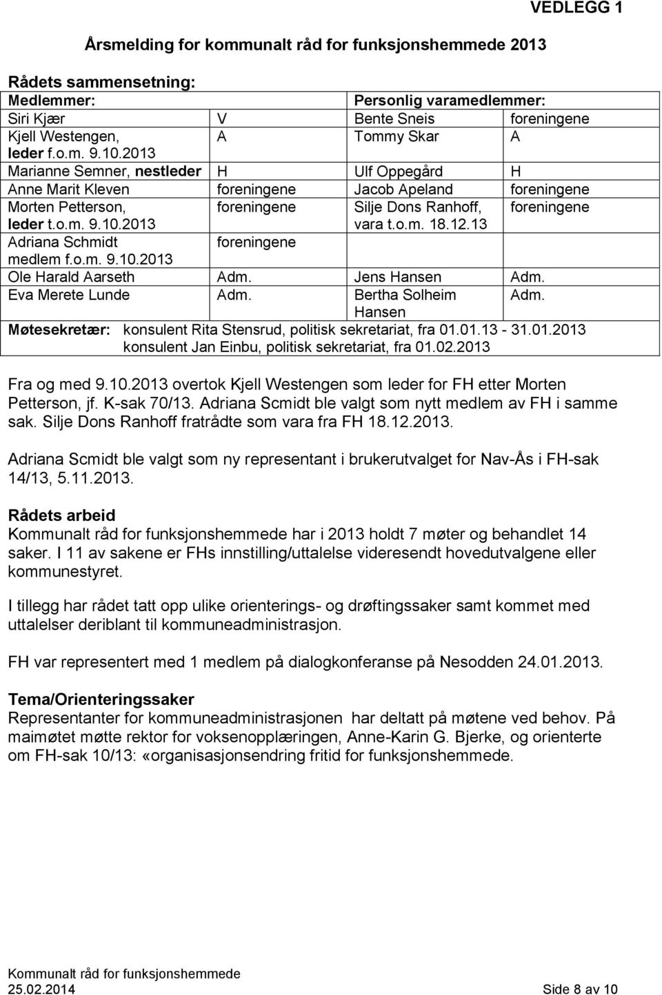 o.m. 18.12.13 Adriana Schmidt foreningene medlem f.o.m. 9.10.2013 Ole Harald Aarseth Adm. Jens Hansen Adm. Eva Merete Lunde Adm. Bertha Solheim Adm.