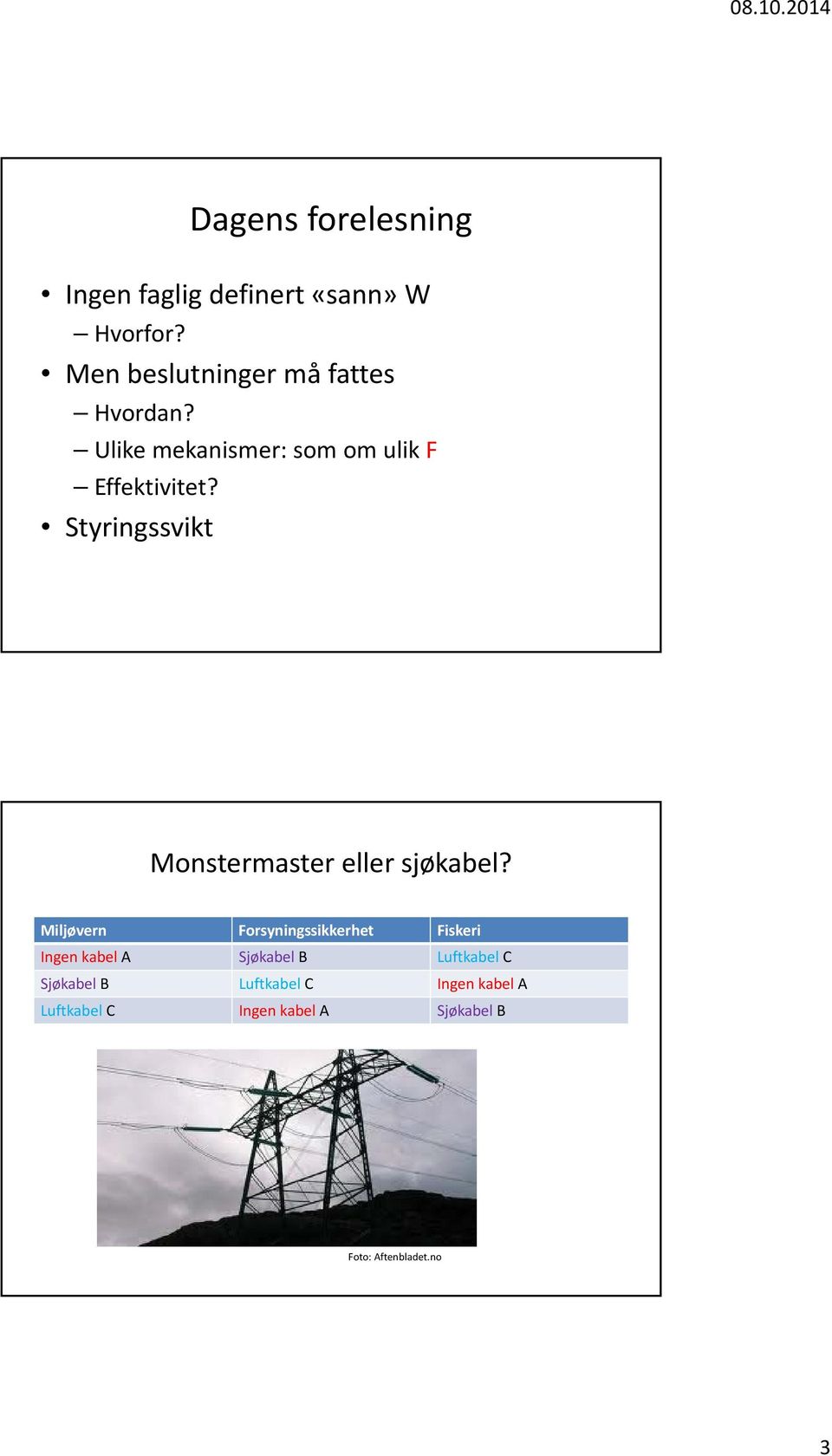 Miljøvern Forsyningssikkerhet Fiskeri Ingen kabel A Sjøkabel B Luftkabel C Sjøkabel B Luftkabel C Ingen kabel A