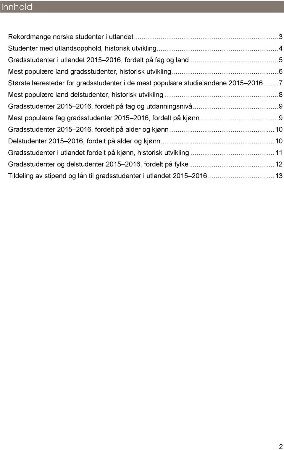 .. 7 Mest populære land delstudenter, historisk utvikling... 8 Gradsstudenter 2015 2016, fordelt på fag og utdanningsnivå... 9 Mest populære fag gradsstudenter 2015 2016, fordelt på kjønn.