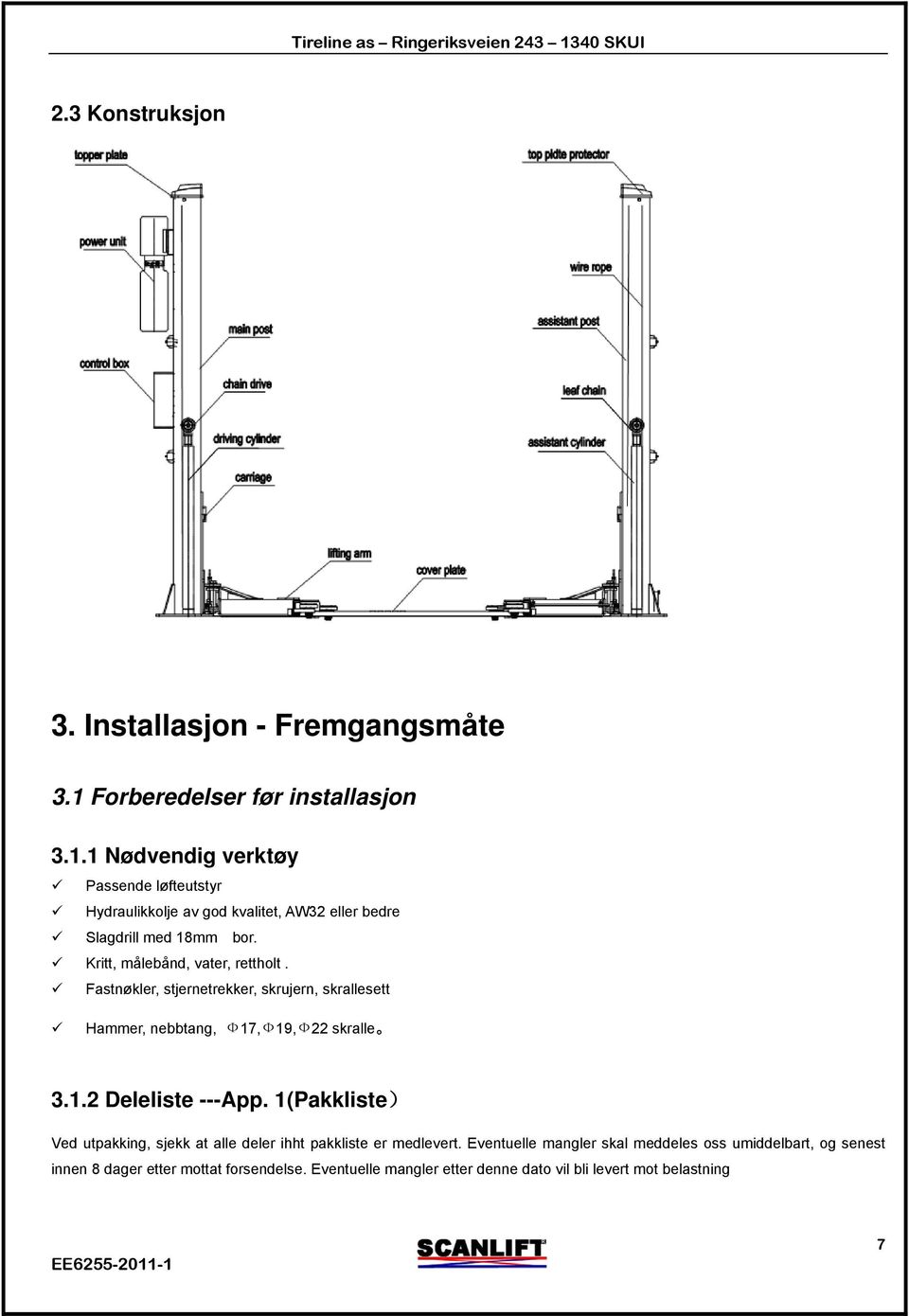 Kritt, målebånd, vater, rettholt. Fastnøkler, stjernetrekker, skrujern, skrallesett Hammer, nebbtang, Ф17,Ф19,Ф22 skralle 3.1.2 Deleliste ---App.