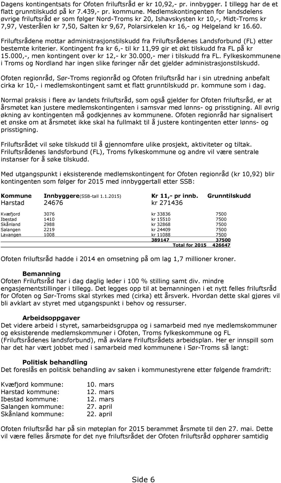 kr 16.60. Friluftsrådene mottar administrasjonstilskudd fra Friluftsrådenes Landsforbund (FL) etter bestemte kriterier. Kontingent fra kr 6,- til kr 11,99 gir et økt tilskudd fra FL på kr 15.