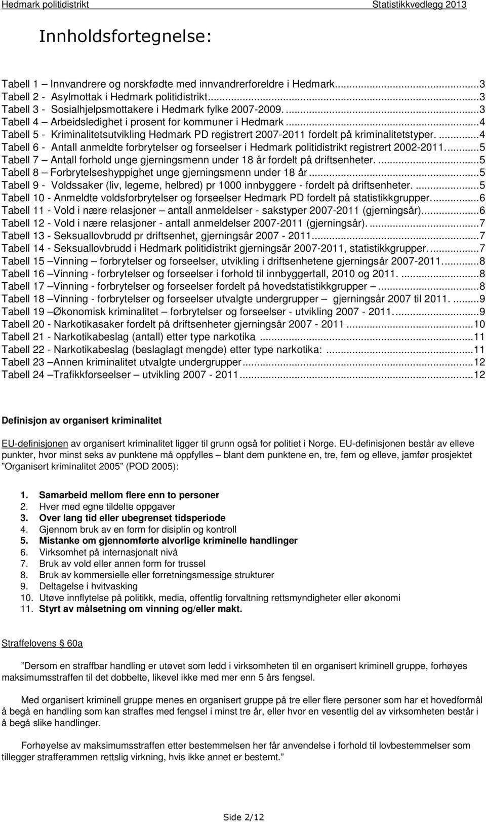 ..4 Tabell 5 - Kriminalitetsutvikling Hedmark PD registrert 2007- fordelt på kriminalitetstyper....4 Tabell 6 - Antall anmeldte forbrytelser og forseelser i Hedmark politidistrikt registrert 2002-.