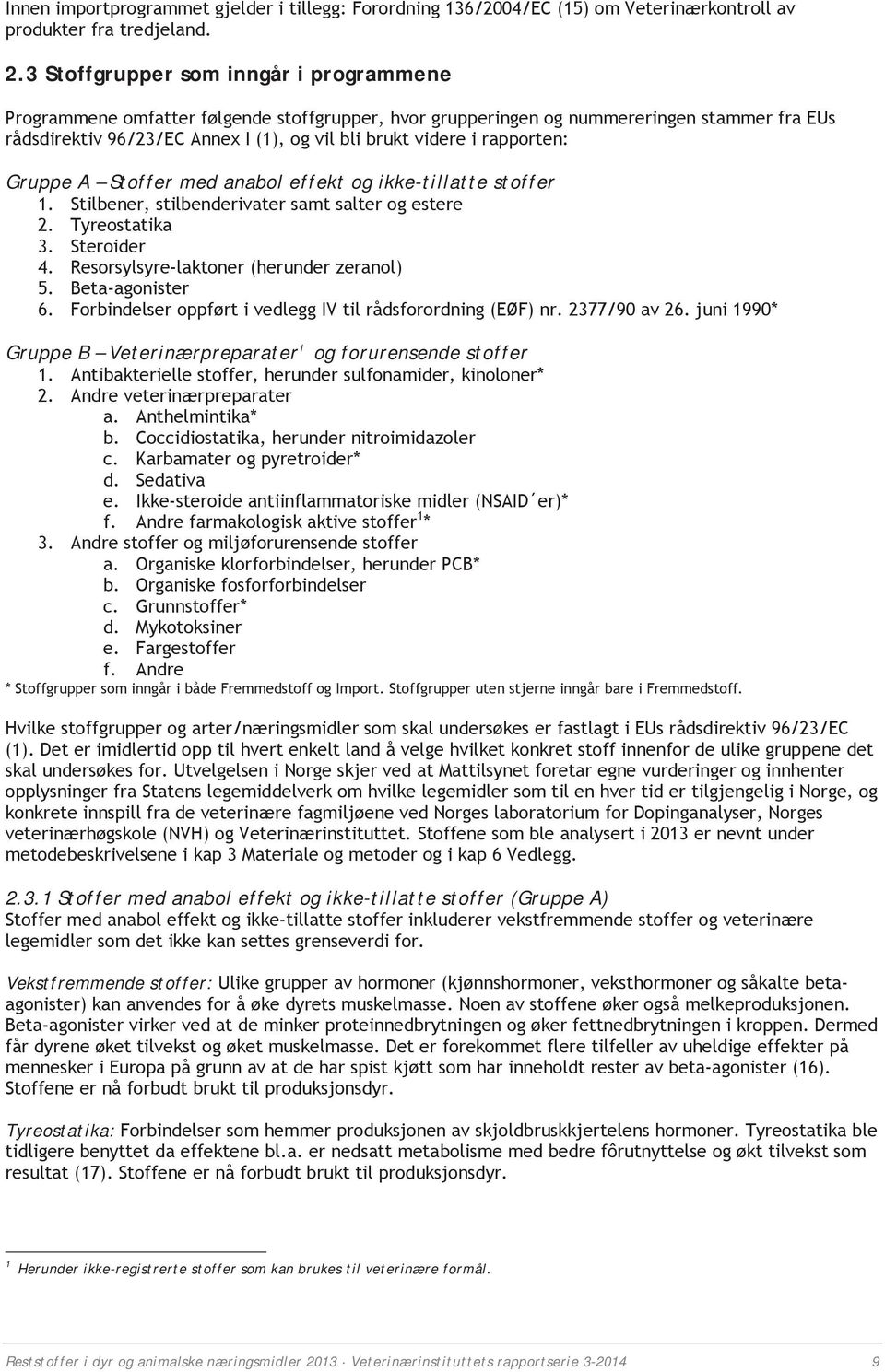 rapporten: Gruppe A Stoffer med anabol effekt og ikke-tillatte stoffer 1. Stilbener, stilbenderivater samt salter og estere 2. Tyreostatika 3. Steroider 4. Resorsylsyre-laktoner (herunder zeranol) 5.