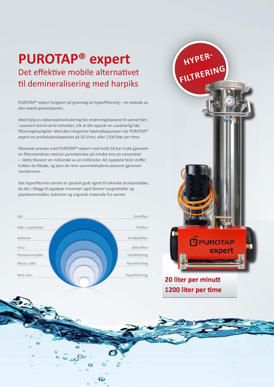Med den integrerte høytrykkspumpen når PUROTAP expert en produksjonskapasitet på 20 l/min, eller 1200 liter per time.