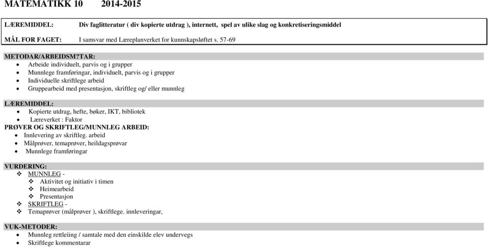 TAR: Arbeide individuelt, parvis og i grupper Munnlege framføringar, individuelt, parvis og i grupper Individuelle skriftlege arbeid Gruppearbeid med presentasjon, skriftleg og/ eller munnleg