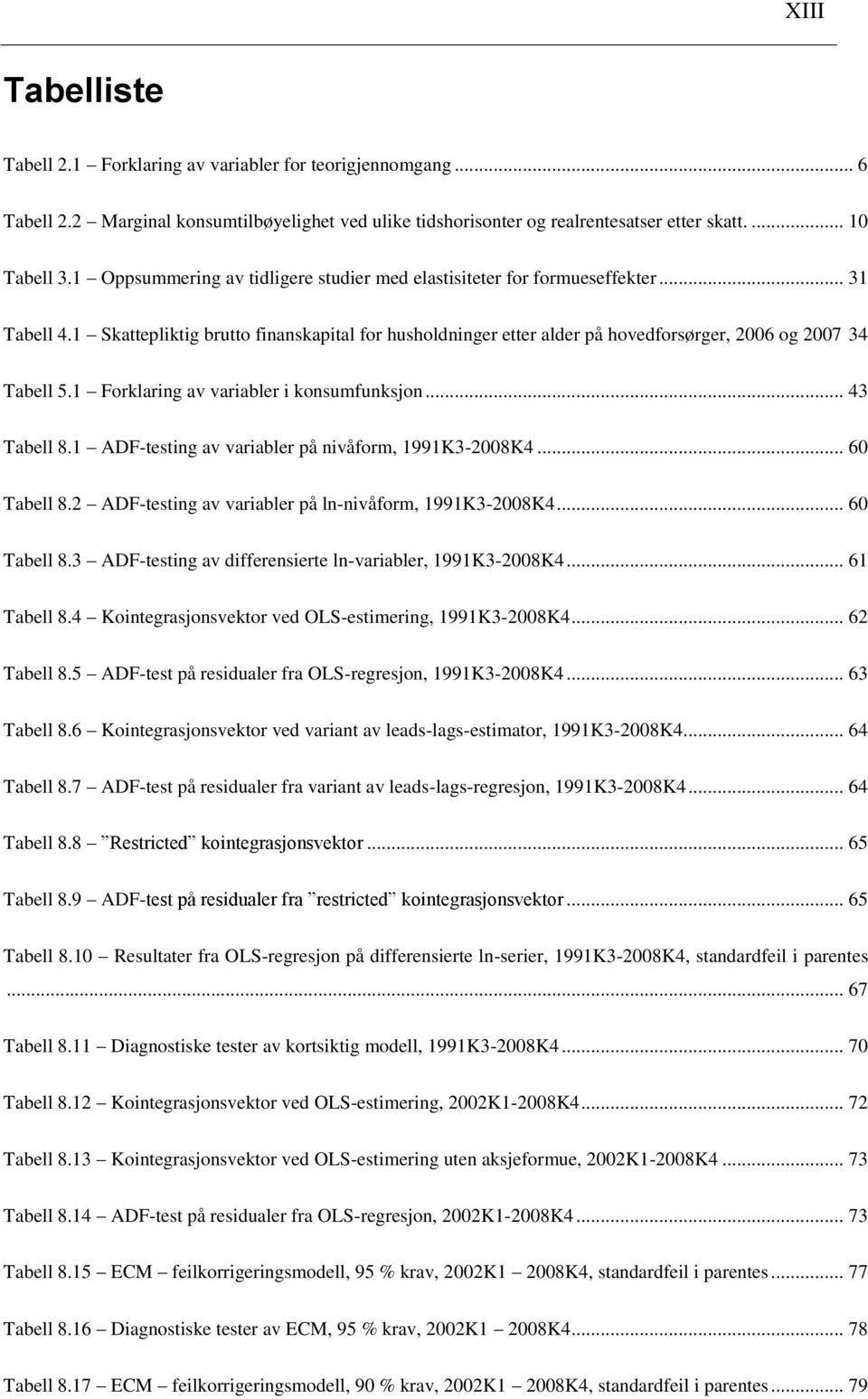 1 Forklaring av variabler i konsumfunksjon... 43 Tabell 8.1 ADF-esing av variabler på nivåform, 1991K3-2008K4... 60 Tabell 8.2 ADF-esing av variabler på ln-nivåform, 1991K3-2008K4... 60 Tabell 8.3 ADF-esing av differensiere ln-variabler, 1991K3-2008K4.