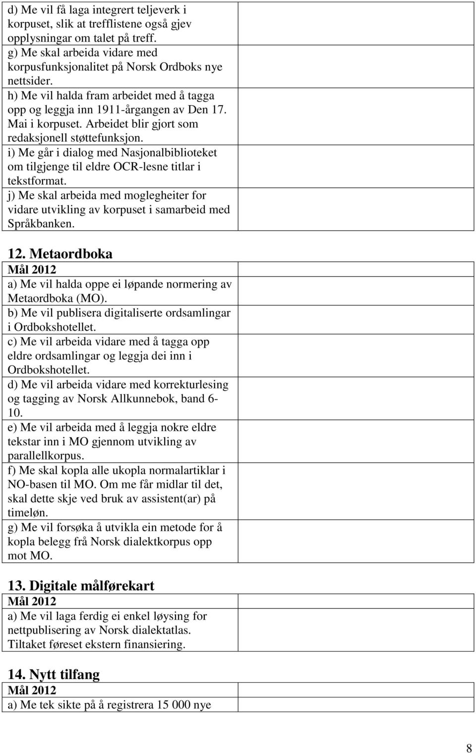 i) Me går i dialog med Nasjonalbiblioteket om tilgjenge til eldre OCR-lesne titlar i tekstformat. j) Me skal arbeida med moglegheiter for vidare utvikling av korpuset i samarbeid med Språkbanken. 12.