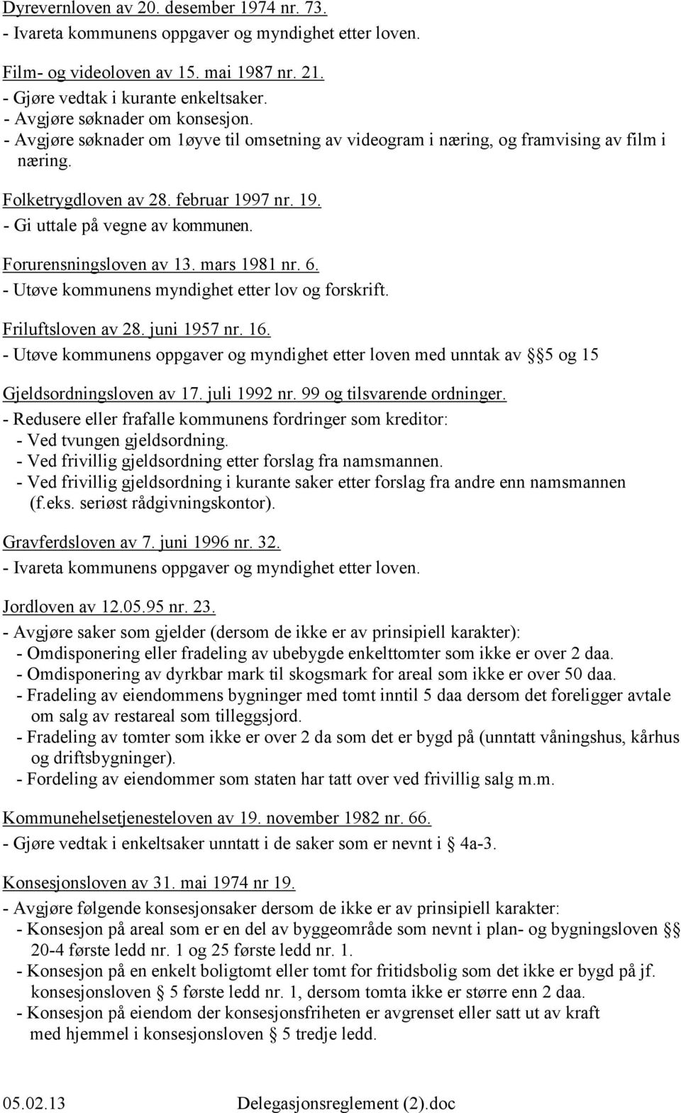 Forurensningsloven av 13. mars 1981 nr. 6. - Utøve kommunens myndighet etter lov og forskrift. Friluftsloven av 28. juni 1957 nr. 16.