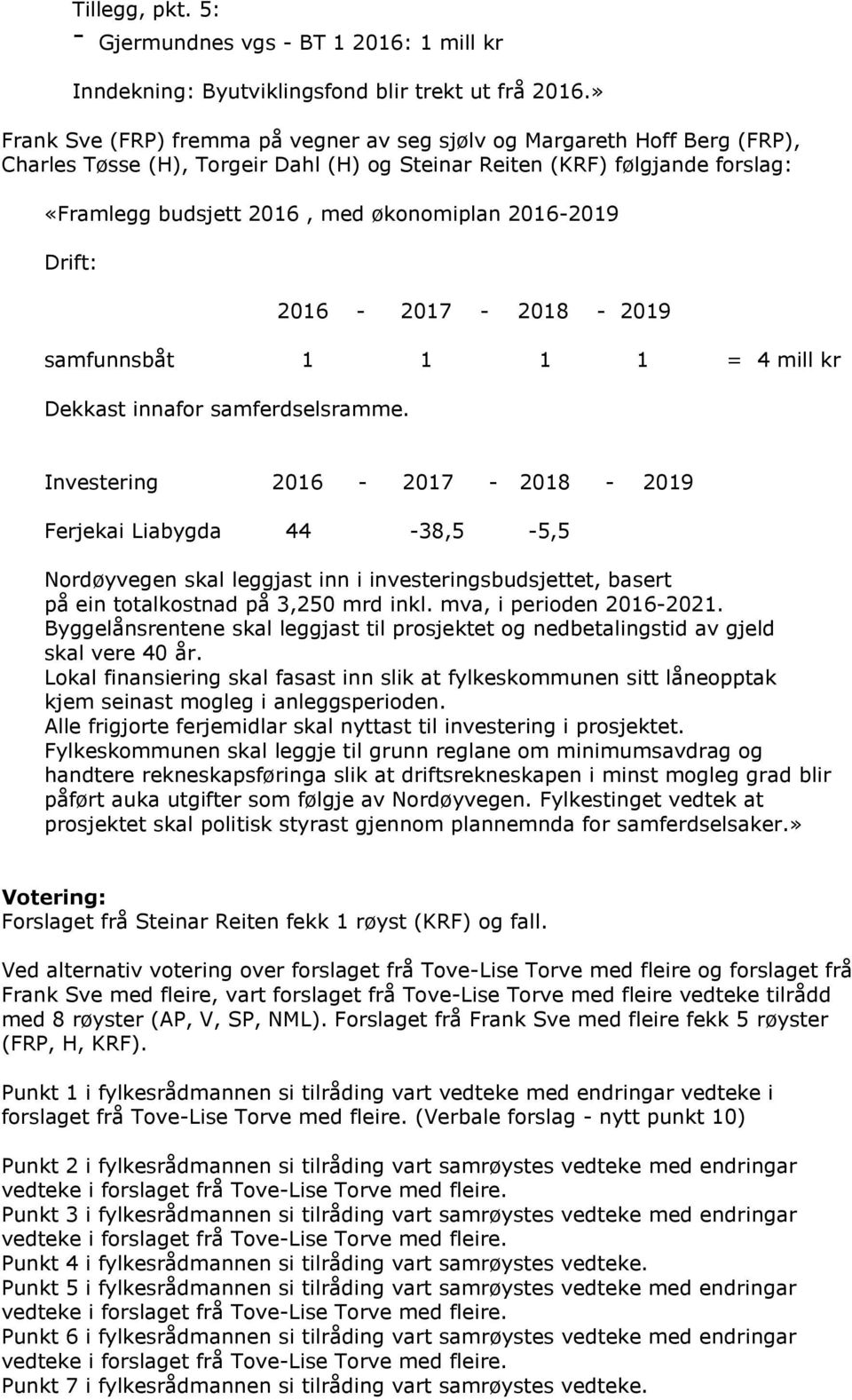 2016-2019 Drift: 2016-2017 - 2018-2019 samfunnsbåt 1 1 1 1 = 4 mill kr Dekkast innafor samferdselsramme.