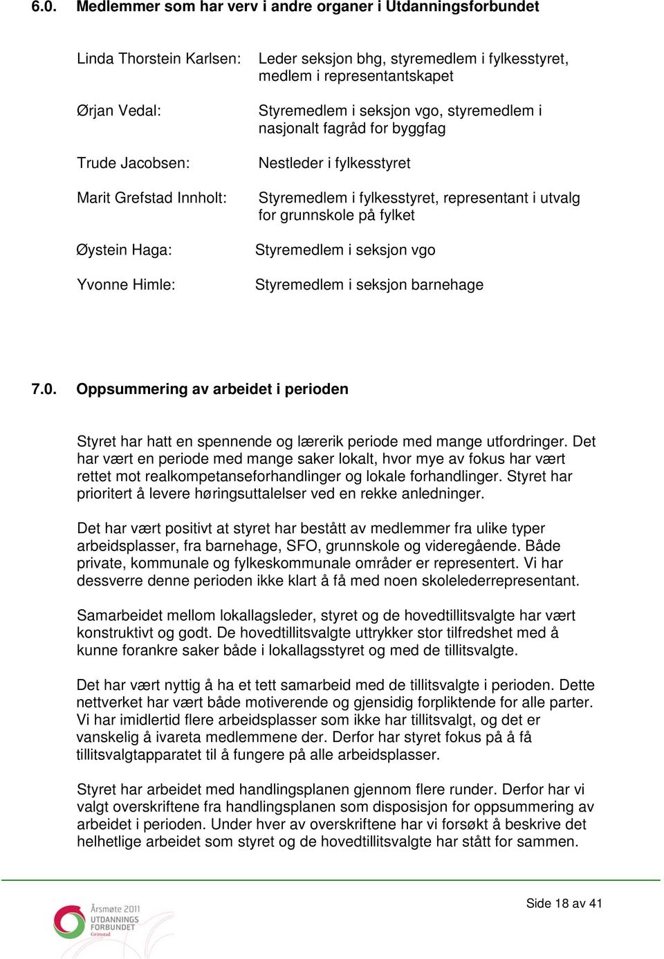 utvalg for grunnskole på fylket Styremedlem i seksjon vgo Styremedlem i seksjon barnehage 7.0.