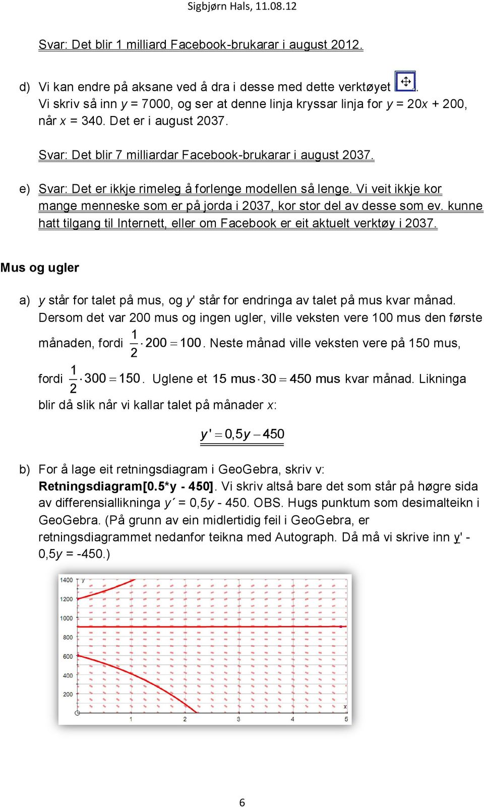 e) Svar: Det er ikkje rimeleg å forlenge modellen så lenge. Vi veit ikkje kor mange menneske som er på jorda i 037, kor stor del av desse som ev.